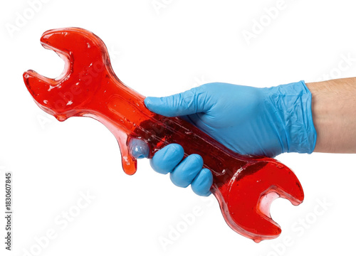 Hand in blue glove holding melting red jelly wrench tool concept of uselessness