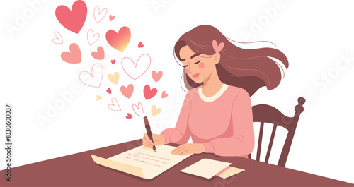 Woman Writing a Letter at Desk Vector Illustration with Hearts Floating Around Expressing Emotion, Feeling, and Passion in Simple Style