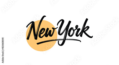 A stylish 'New York' insignia featuring the city name in black brush script lettering over a simple orange circle.