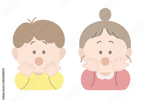 びっくりしている男の子と女の子　ポーズ　表情