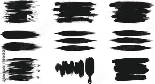 Brush stroke silhouette set, black and white texture icons, artistic paint marks, jagged, smooth, feathered, graphic design elements