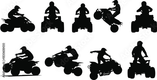 ATV rider silhouette set, black and white off-road icons, dynamic motion, motorsport action, stunt pose, vehicle recreation design