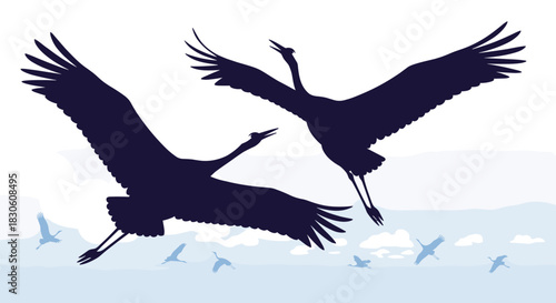 Two large crane silhouettes fly gracefully in the foreground with a larger flock migrating in the distant cloudy sky.
