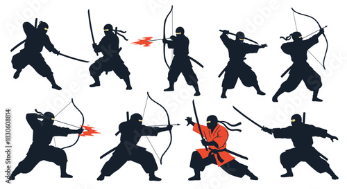 Dynamic silhouettes of Japanese ninjas in various fighting poses with swords and bows isolated on a plain white background.