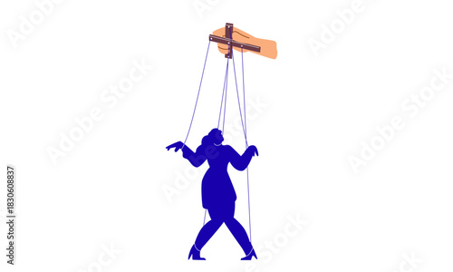 A powerful conceptual illustration depicting a human figure as a puppet, strings attached to a hand, symbolizing external control, manipulation, and the dynamics of power in life