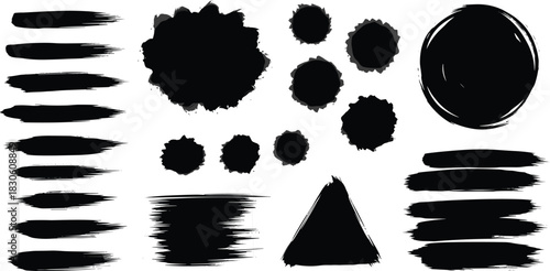 Brush stroke texture set, black and white splatter shapes, abstract ink marks, circular, rectangular, triangle, graphic design elements