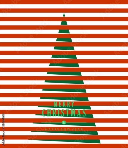 Vibrant Christmas and New Year greeting card featuring a green Christmas tree silhouette created by horizontal red and white optical illusion stripes.