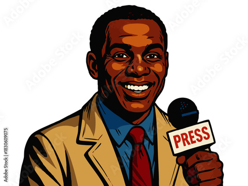 male journalist in a suit holding a press microphone, perfect for media or communication themes. Generative ai vector colorful pop art illustration.