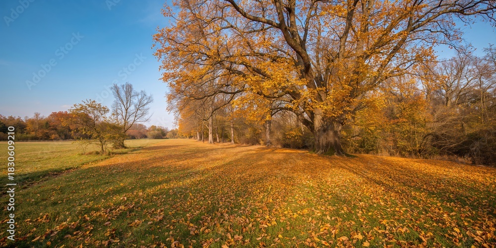 Naklejka premium View from park showing urban greenery and pathways, emphasizing seasonal change in a city setting