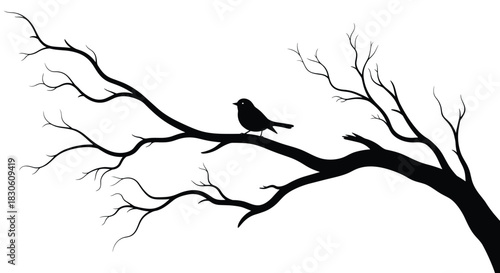 Minimalist black silhouette of a small lonely bird perched on a bare and gnarled tree branch against a white background.