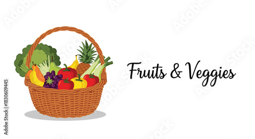 Wicker basket full of fresh and colorful cartoon fruits and vegetables with 'Fruits & Veggies' calligraphic text on the side.