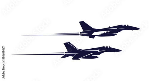 Two dark blue silhouettes of modern military fighter jets flying at high speed leaving motion trails on a white background.