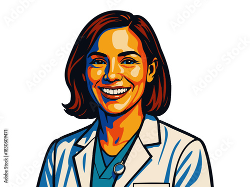 cheerful female doctor in lab coat with stethoscope, ideal for healthcare, medical, or wellness topics. Generative ai vector colorful pop art illustration.
