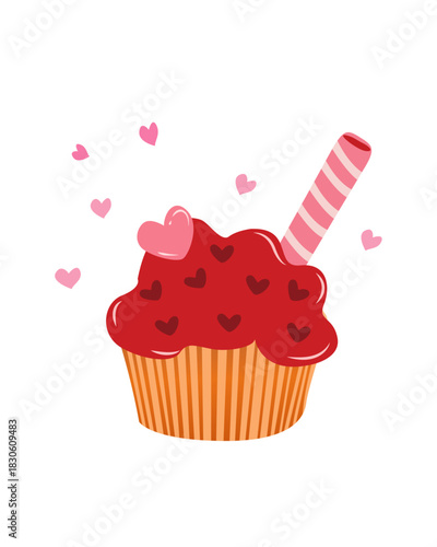 Festive illustration for Valentine's Day Cake with red cream and hearts Vector Isolated on white background