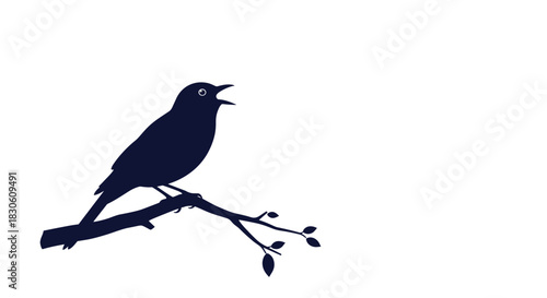Simple dark blue silhouette of a small songbird with its beak open in song while perched on a leafy branch illustration.