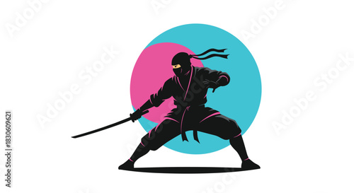 Silhouette of a ninja warrior in a dynamic fighting stance holding a katana against a pink and blue circular background.