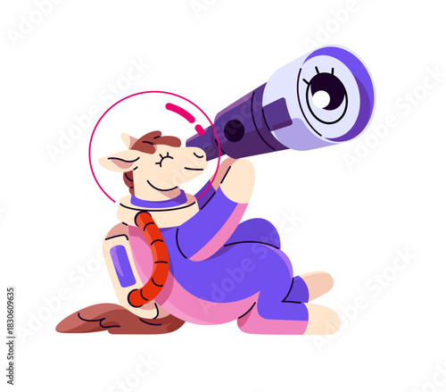 Funny horse spaceman in spacesuit is watching stars with spyglasses. Cute animal astronaut in space suit look through spy glass in cosmos. Flat isolated vector illustration on white background