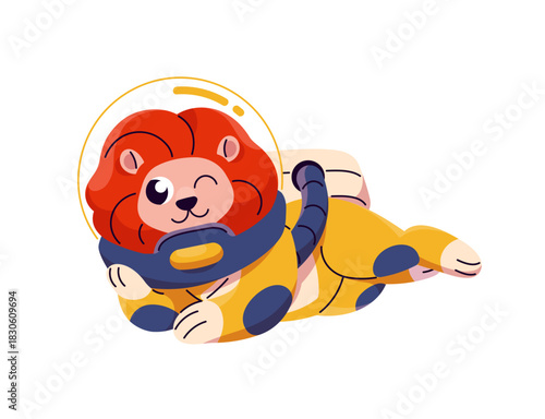 Cute lion is astronaut. Funny cat in spacesuit is in outer space. Animal travels flying in cosmos. Spaceman in suit is spacewalking and winking. Flat isolated vector illustration on white background