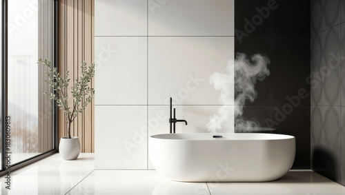 Minimalist Scandinavian bathroom spa, matte white concrete, freestanding oval tub with steam rising.
