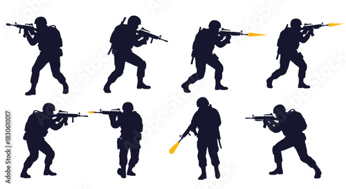A set of eight dark silhouettes of modern soldiers or special forces in various combat and shooting positions with rifles.