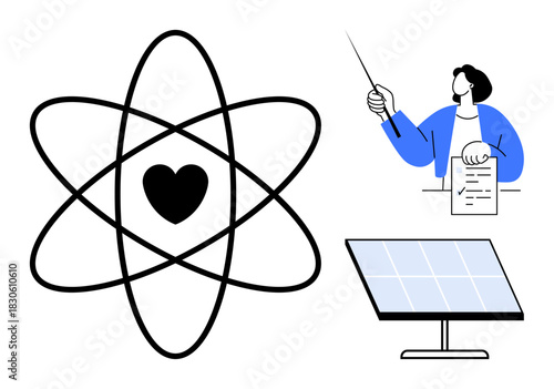 Atomic structure with heart center, teacher holding document and pointing, and solar panel symbolizing science, education, technology, energy, sustainability, innovation, and progress as a simple