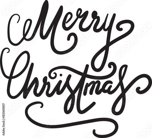 Merry Christmas greeting hand lettering. Holiday logo. Black handwritten inscription decorated with Christmas tree branches and star ornament. Greeting card template. Isolated on white background