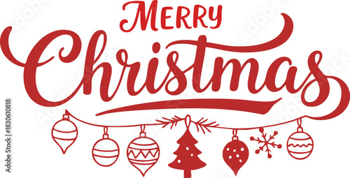 Merry Christmas greeting hand lettering. Holiday logo. Black handwritten inscription decorated with Christmas tree branches and star ornament. Greeting card template. Isolated on white background