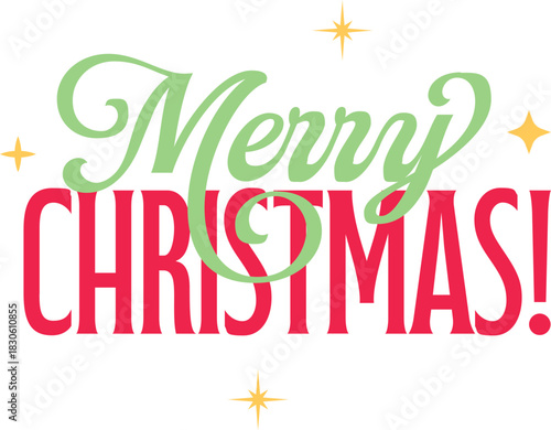 Merry Christmas greeting hand lettering. Holiday logo. Black handwritten inscription decorated with Christmas tree branches and star ornament. Greeting card template. Isolated on white background