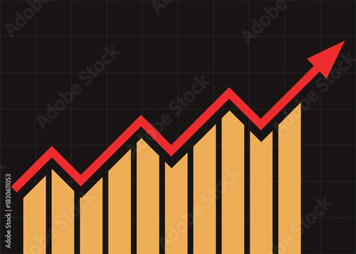Red Volatile Business Arrow and Yellow Rising Bar Chart Moving Up, Neatly Intersected by the Arrow Trail on Grid and Dark Background, Representing Profit, Growth, and Economic Optimism