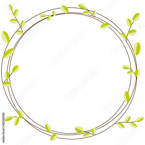 Round picture frame decorated with beautiful flowers and leaves.
