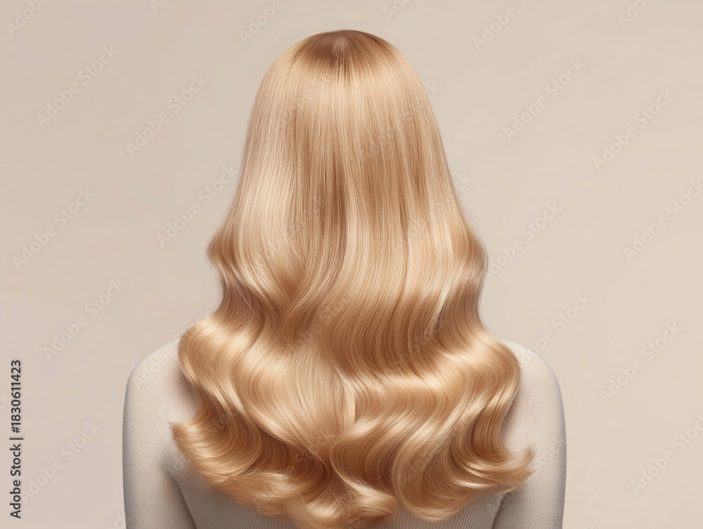 Fototapeta premium Woman with long shiny blonde wavy hair viewed from behind