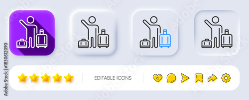 Baggage reclaim line icon. Neumorphic, Flat shadow, 3d buttons. Airport transfer sign. Flight bags symbol. Line airport transfer icon. Social media icons. Vector