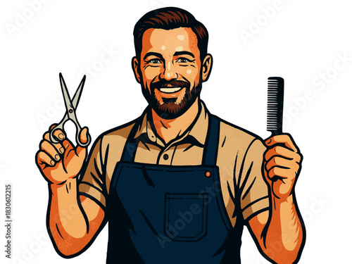 happy male barber in apron, confidently holding scissors and comb, ideal for grooming or hairstyling concepts. Generative ai vector colorful pop art illustration.