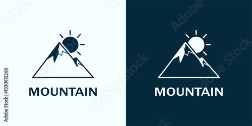 Mountain Peak Icon with Sun Symbol, Minimalist Mountain Landscape for Adventure Brand