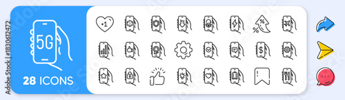 Hand Holding Phone line icons. Interest rate, AI generate, Inflation icons. Smartphone Screen, Airplane Mode, 5g Network. Approved Phone app, Return Distribution Package, Like hand line icons. Vector