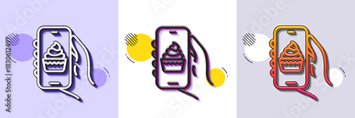 Food app line icon. Halftone dotted pattern. Gradient icon with grain shadow. Hand hold phone sign. Cellphone with screen notification symbol. Line food app icon. Various designs. Vector