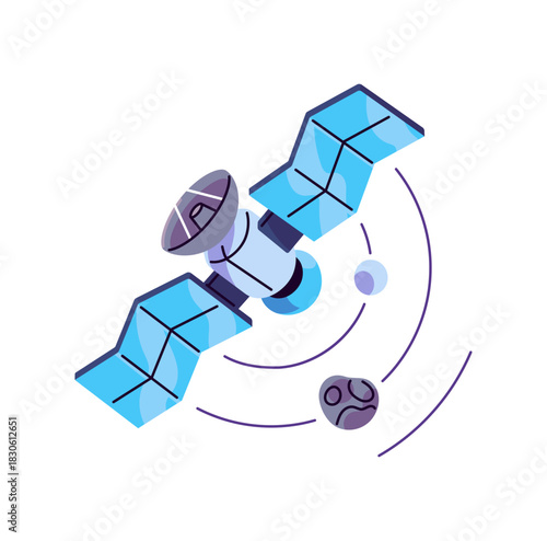 Artificial satellite flying on Earth orbit in cosmos. Space station with solar battery and antenna flies among planets. GPS tracking and telecommunication. Flat isolated vector illustration on white