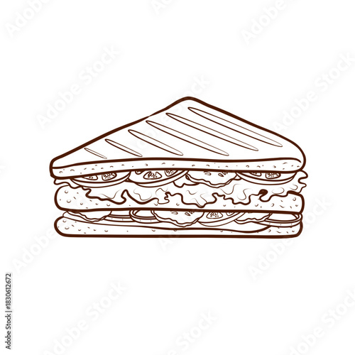 A toasted sandwich with layers of lettuce, vegetables, and toppings. Vector illustration in a line art style. Clean brown lines, isolated on a white background. Suitable for menus, packaging, fast
