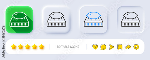 Mattress with pillow line icon. Neumorphic, Flat shadow, 3d buttons. Orthopedic pad sign. Breathable sleep bed symbol. Line mattress icon. Social media icons. Vector