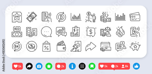 Payment message, Bid offer and Report line icons pack. Social media: share, comment, like icons. Fraud, Card, Contactless payment web icon. Bar diagram, No cash, Bitcoin pictogram. Vector