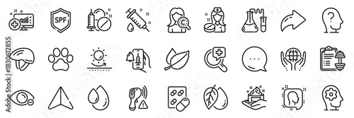Mineral oil, Dumbbell and Mint leaves line icons pack. Share, Message, Paper plane icons. Medical drugs, Sun protection, Organic tested web icon. Vector