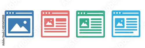 Webpage vector icon set, website symbol illustration collection featuring home, menu, link, browser, and navigation elements