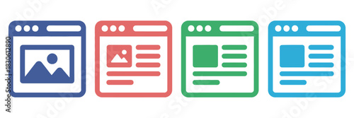 Webpage vector icon set, website symbol illustration collection featuring home, menu, link, browser, and navigation elements