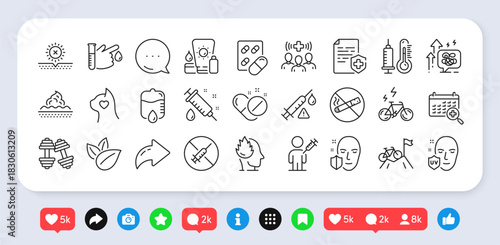 E-bike, No sun and No smoking line icons pack. Social media: share, comment, like icons. Medical staff, Mountain bike, Blood donation web icon. Vector