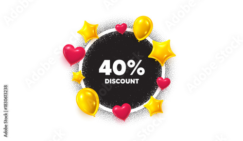 Discount picture frame banner. Circle photo frame. 40 percent discount tag. Sale offer price sign. Special offer symbol. 3d balloons as hearts, stars. Grain dots pattern. Vector