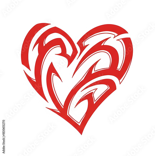Abstract red heart shape composed of sharp, flame-like tribal marks, conveying intensity, passion, and a fierce sense of devotion.