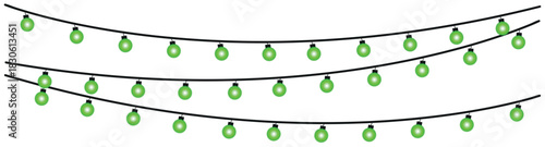 Three strings of green christmas lights hanging against a white background festive and bright design element , glowing holiday lights garland bulbs, twinkling fairy lights glow