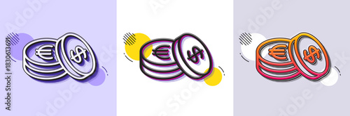 Coins money line icon. Halftone dotted pattern. Gradient icon with grain shadow. Banking currency sign. Euro and Dollar Cash symbols. Line savings icon. Various designs. Vector