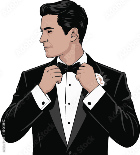 Elegant man adjusting bow tie in formal attire, portrait of sophistication and style for upscale occasions illustration vector