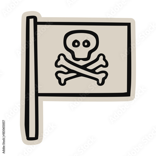 Hand-drawn doodle illustration of a pirate flag (Jolly Roger) with a skull and crossbones, perfect for digital scrapbook, collage, cut-out, danger warning, adventure, and paper craft design.